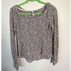 Mudd Space Dye Knit Hoodie Sweater Size L Gray Pink Marled Pullover High Low